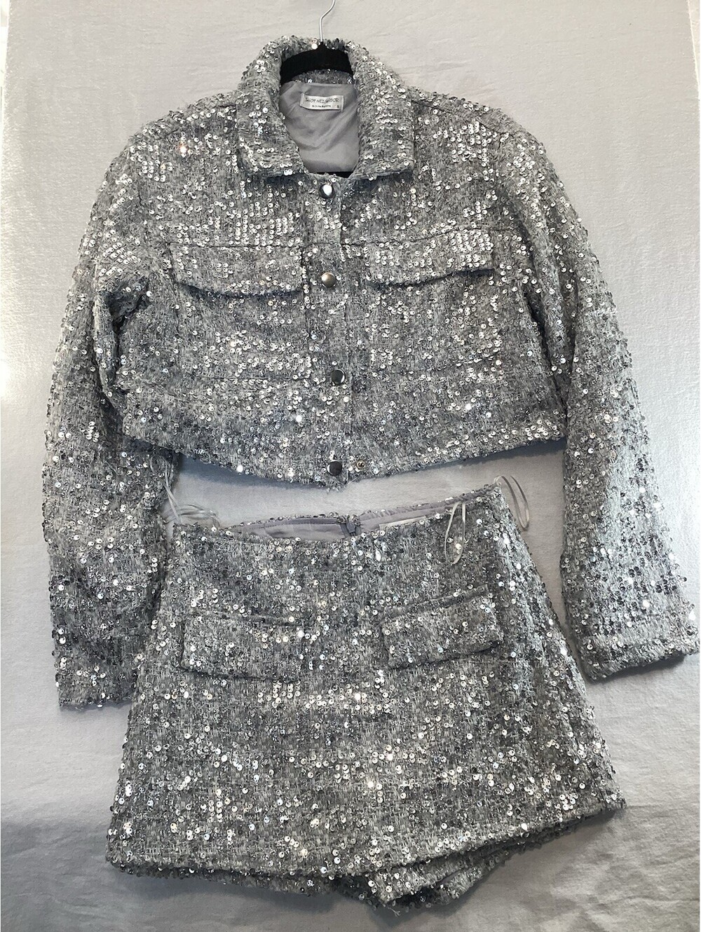 Shop Neighbor By In The Beginning Silver Sequin Tweed Cropped Jacket And Skirt S